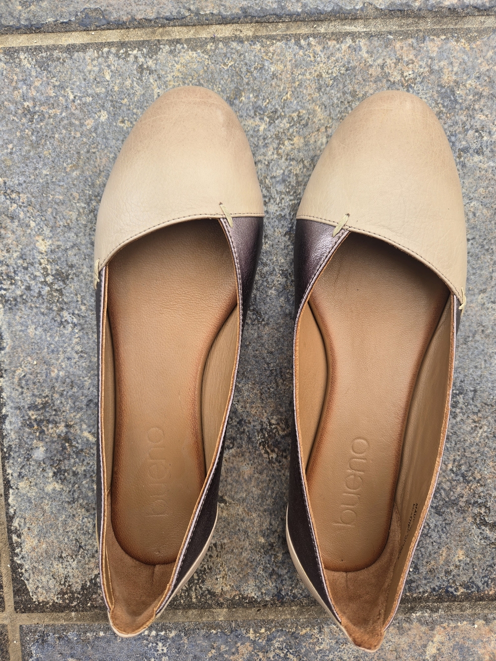 Bueno Two-Tone Tan and Dark Brown Leather Flats